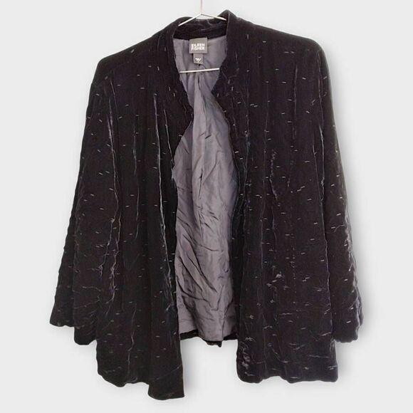 Eileen Fisher Womens Jacket Sz Large Black Velvet Open Silk Glam Whimsicore Boho - Picture 1 of 12